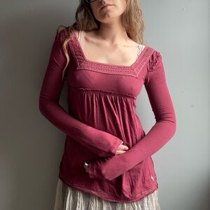 Vintage Y2K deadstock Abercrombie & Fitch burgundy 100% cotton babydoll l/s top